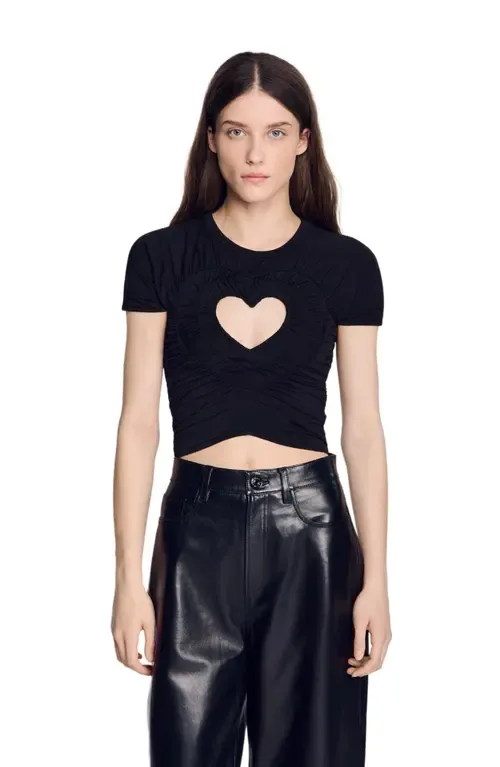 Ruched Heart Cropped T-Shirt by SANDRO