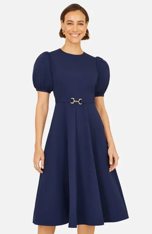 Buckle Detail Short Sleeve Skater Dress by Yumi