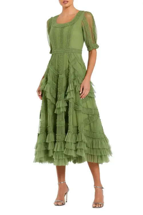 Short Sleeve Mesh Micro Ruffle Midi Dress