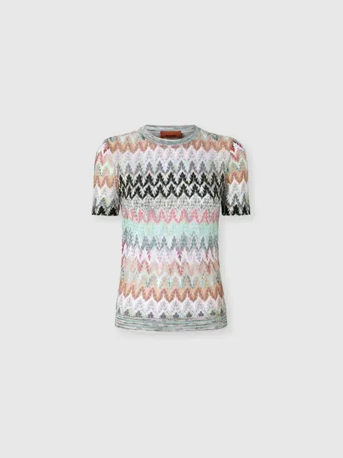 Crew-Neck T-Shirt in Cotton and Viscose Lamé with Lace Motif