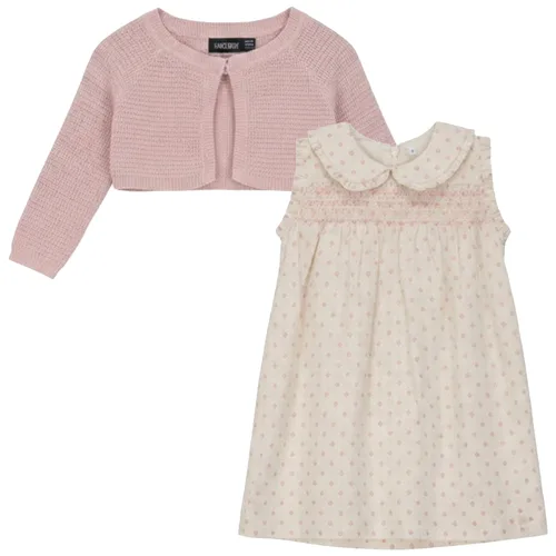 Printed Gauze Ruffle Shoulder Dress with Knit Cardigan Set by Space Grey