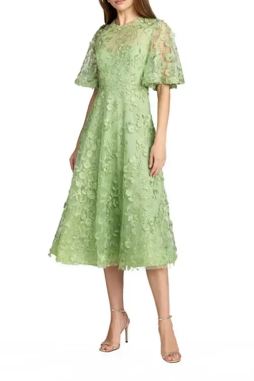 Flutter Sleeve Embroidered Cocktail Midi Dress by Mac Duggal