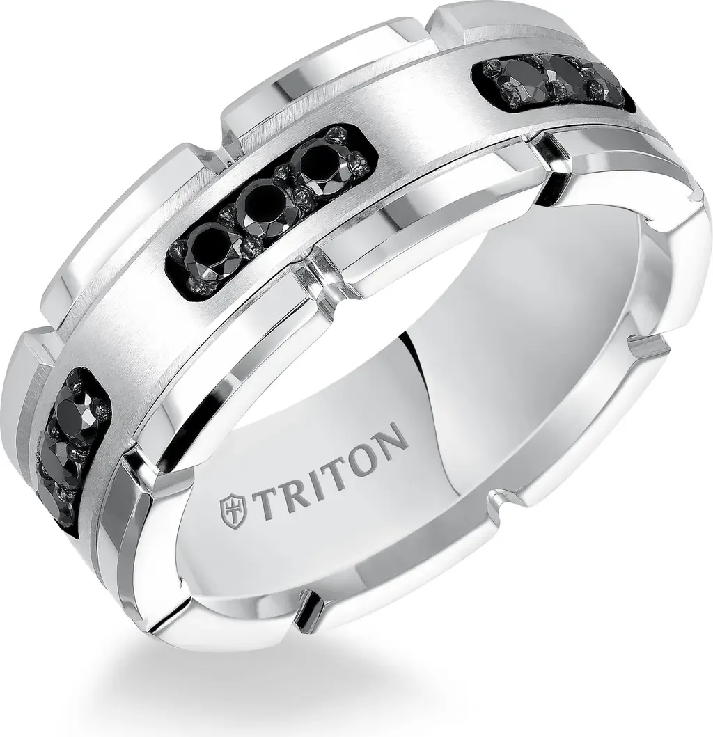 Flat Edge Brushed Center Stone Wedding Band by Triton
