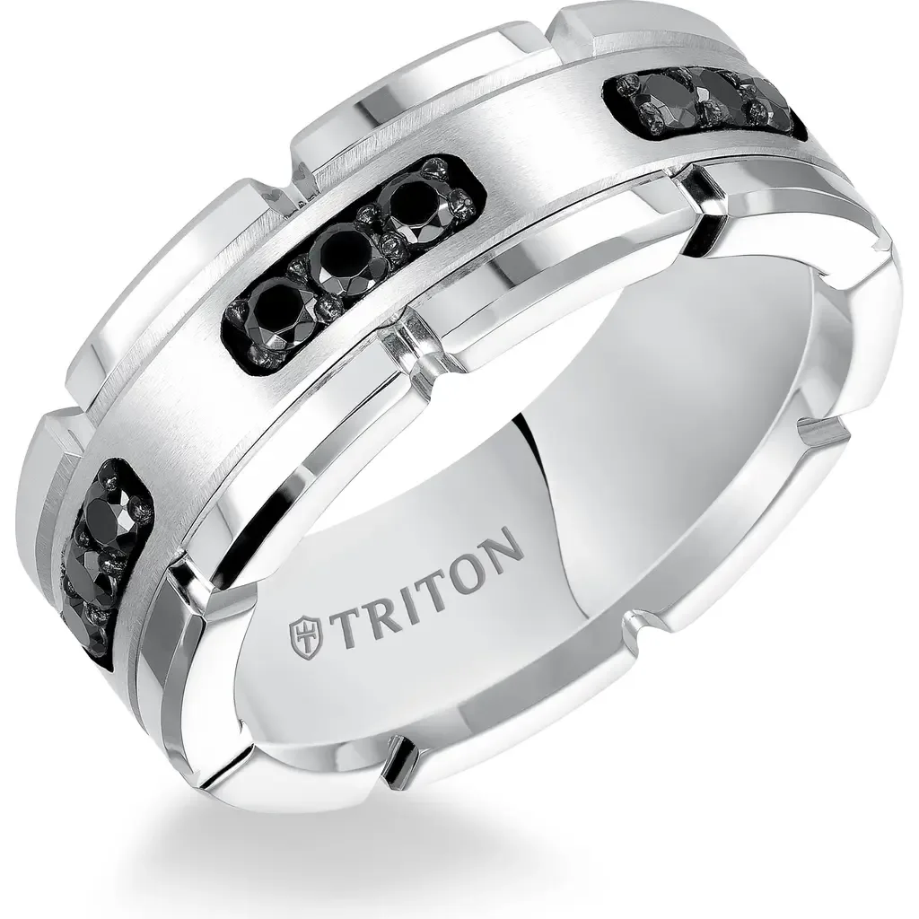 Flat Edge Brushed Center Stone Wedding Band by Triton