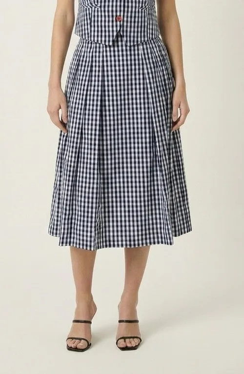 High Waist Pleated Gingham Skirt by Modenaire