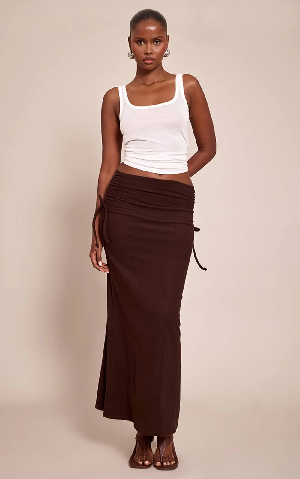 Brushed Rib Ruched Detail Maxi Skirt by PrettyLittleThing