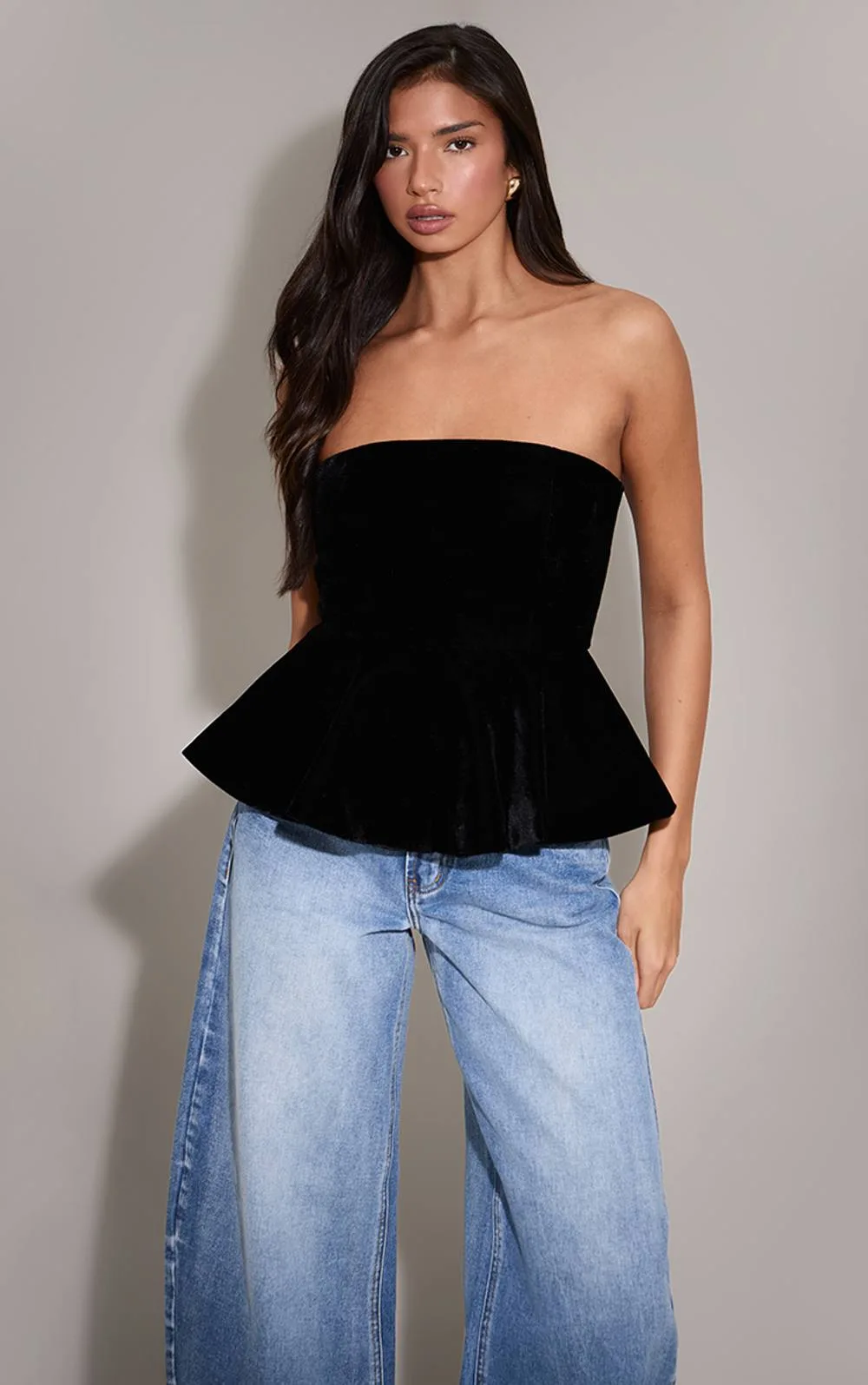 Velvet Peplum Bandeau Top by PrettyLittleThing