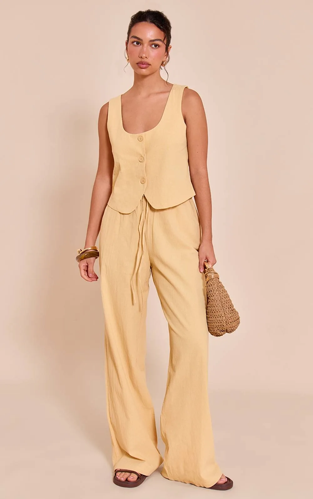 Linen Look Tailored Draw String Wide Leg Trouser Co-Ord by PrettyLittleThing