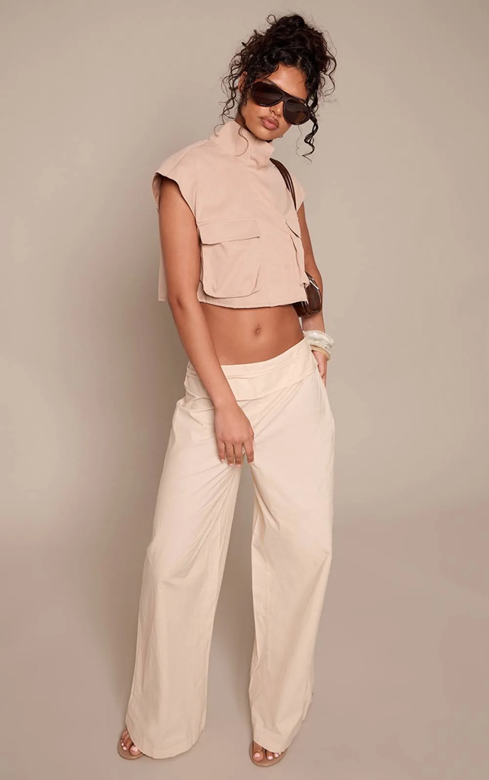 Folded Waist Tie Straight Leg Trousers - Stone by PrettyLittleThing