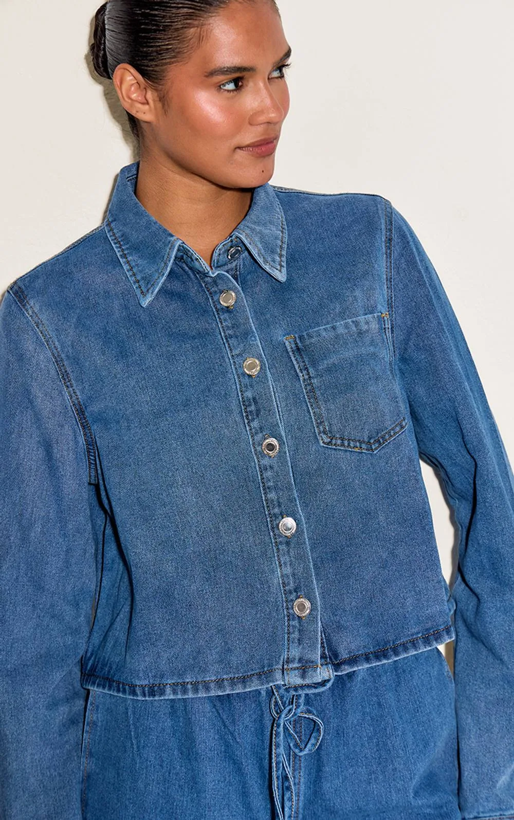 Relaxed Long Sleeve Cropped Denim Shirt by PrettyLittleThing