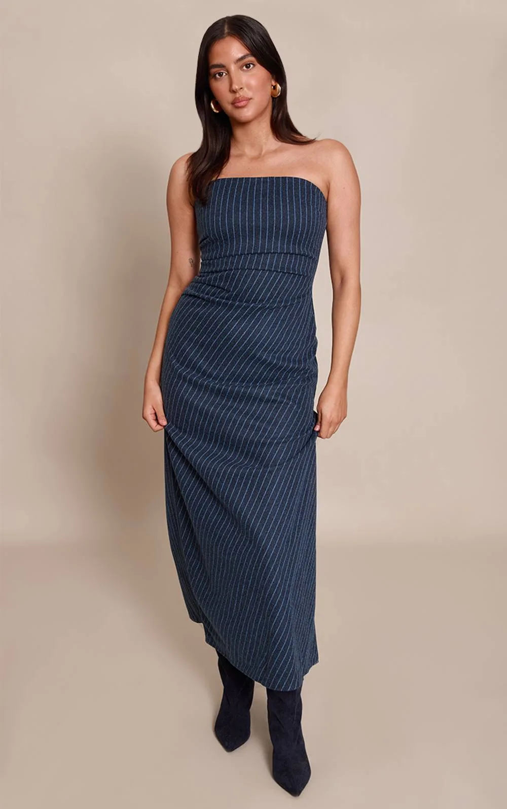 Pinstripe Brushed Bandeau Maxi Dress by PrettyLittleThing