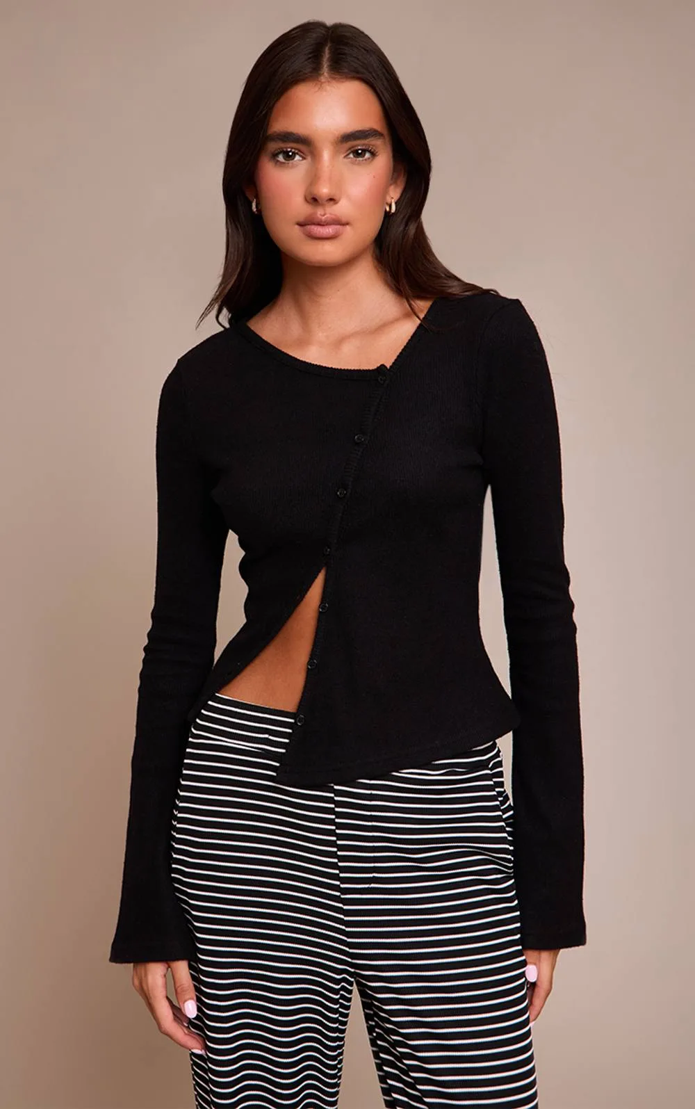 Heavy Brushed Rib Asymmetric Button Long Top