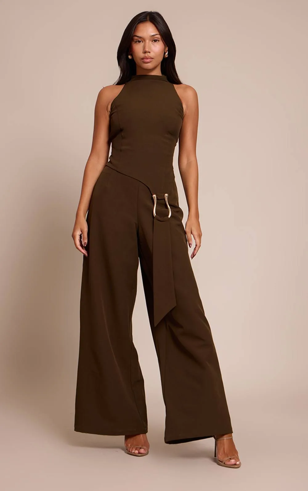 Woven Belt Trim Detail Straight Leg Jumpsuit