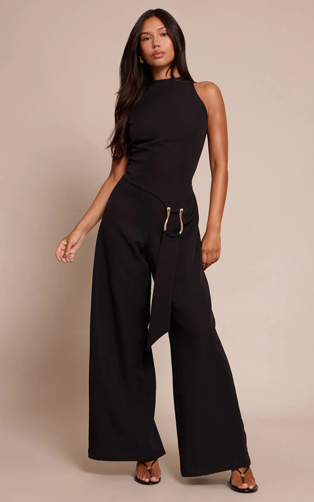 Woven Belt Trim Detail Straight Leg Jumpsuit
