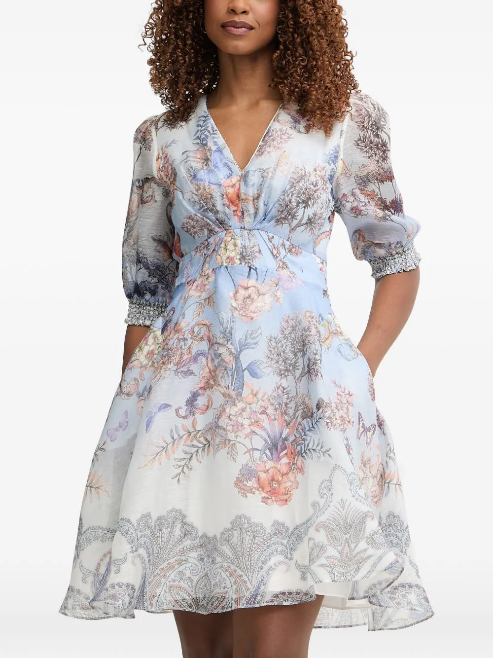 Kaeli Floral-Print Paisley-Border Mini Dress by Hale Bob