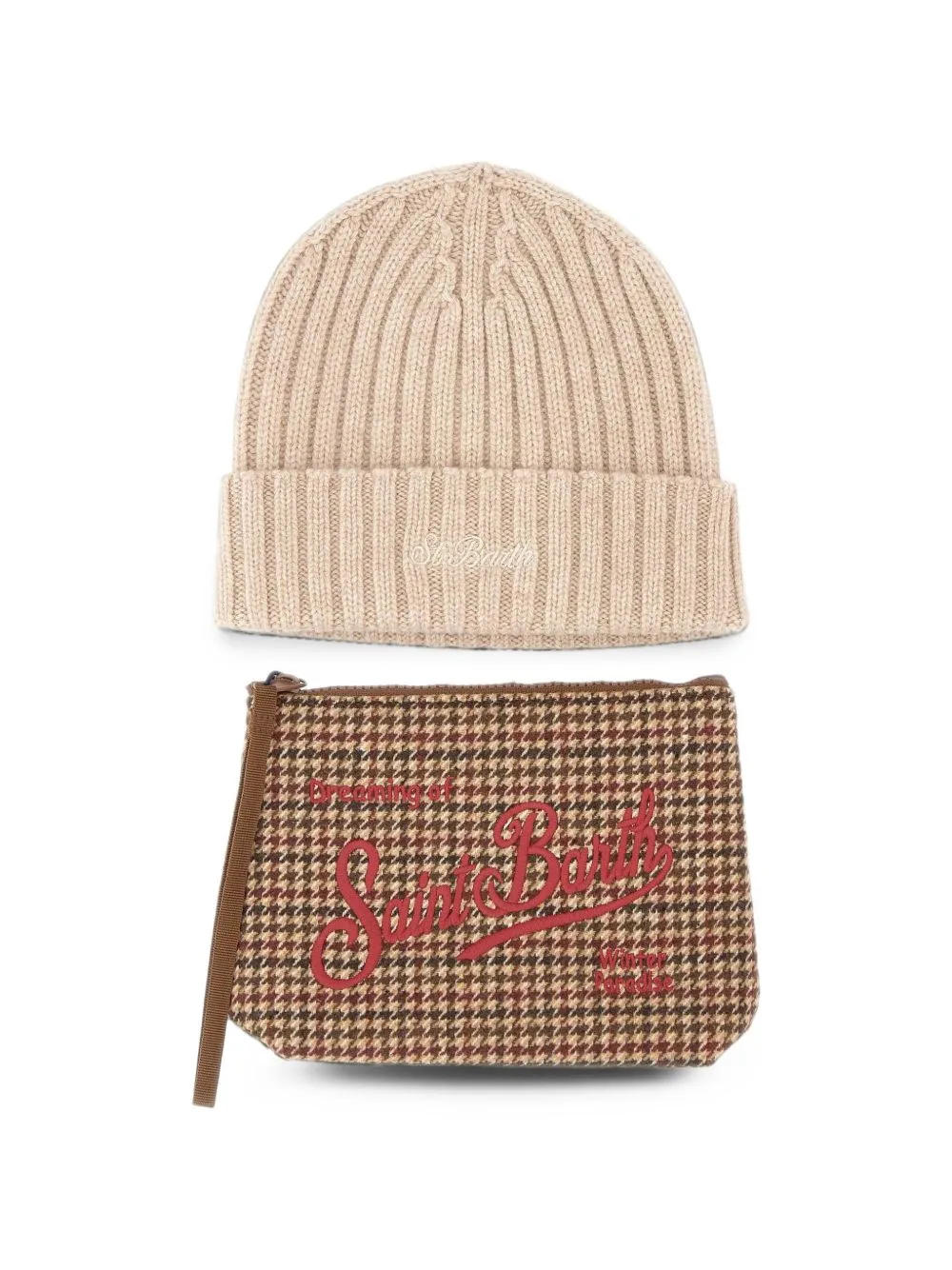 Pochette with Houndstooth Pattern and Beige Beanie Set by MC2 Saint Barth