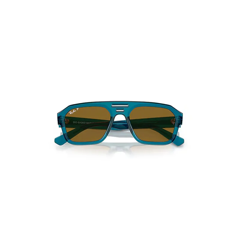 Corrigan Bio-Based Sunglasses Transparent Light Blue Frame Brown Lenses Polarized by Ray-Ban