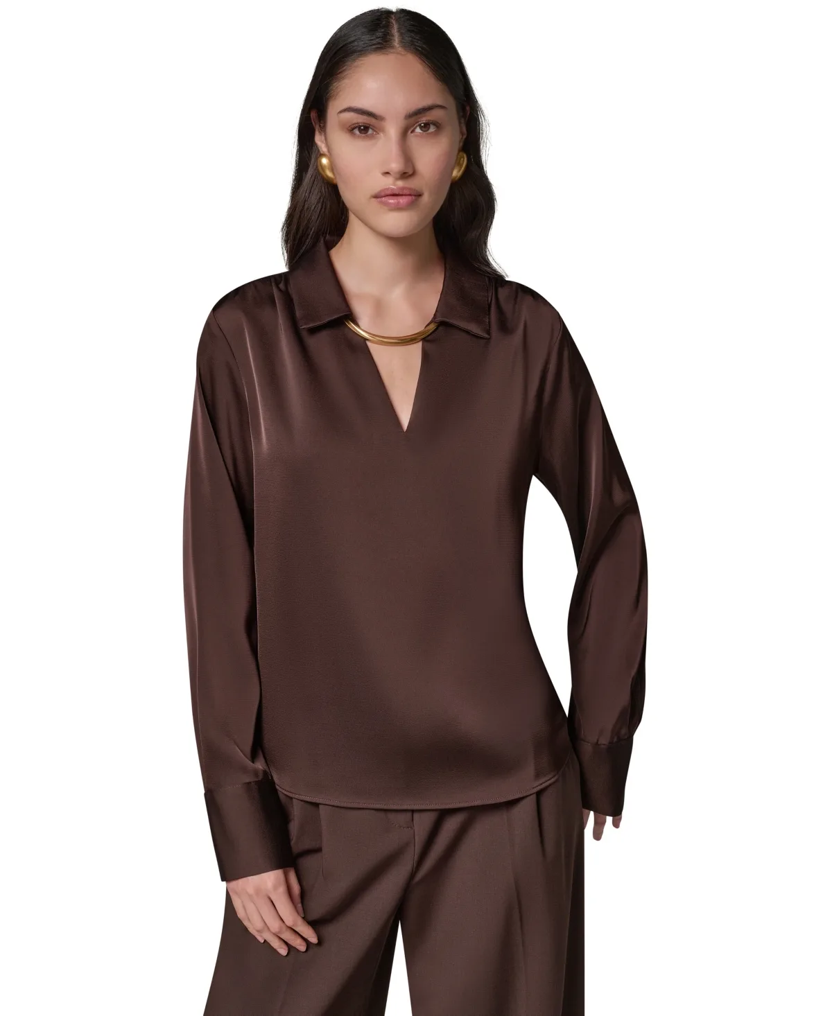 Long-Sleeve Satin V-Neck Collared Blouse by Donna Karan New York