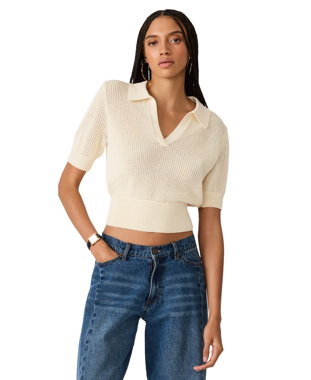Lark Collared V-Neck Sweater Top by Steve Madden
