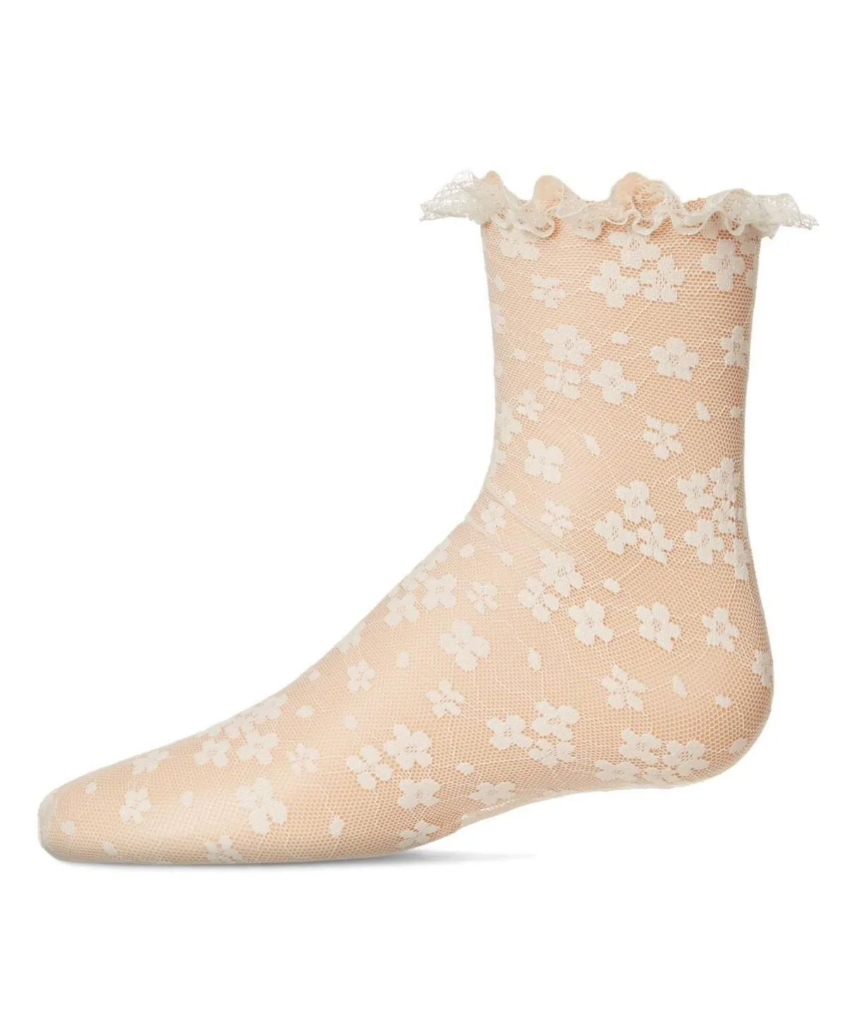 Lace-Trim Lettuce-Edge Floral Net Ankle Sock by Memoi