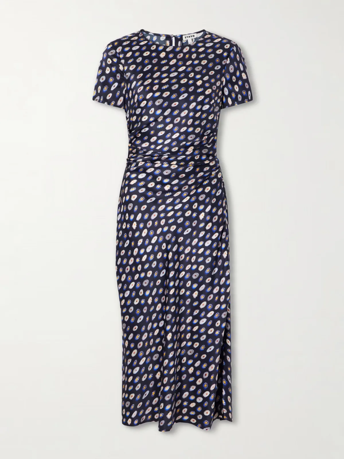 Marcel Printed Ruched Silk-Blend Satin Midi Dress by STAUD