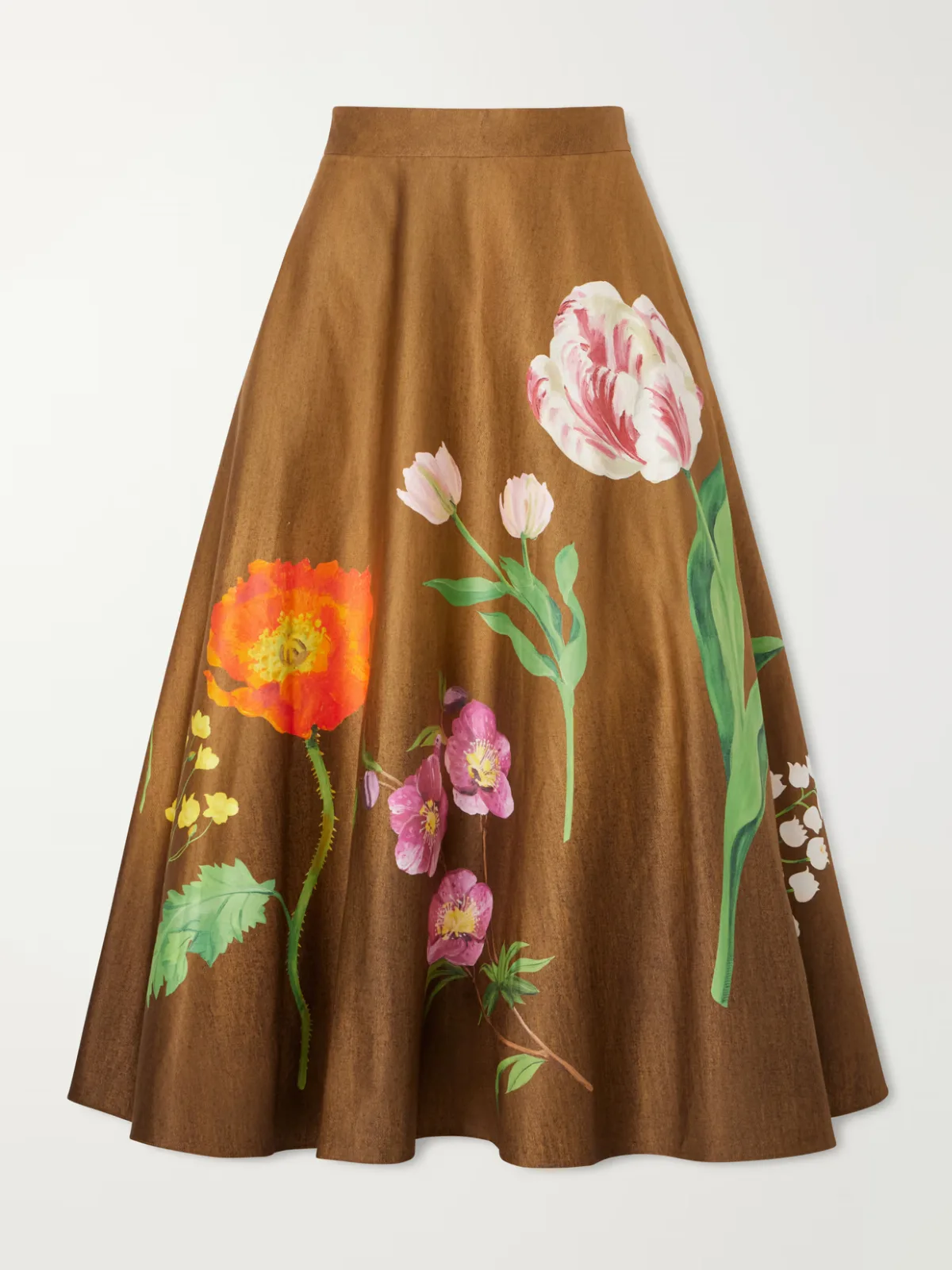 Floral-Print Cotton-Poplin High-Waist Midi Skirt by Oscar de la Renta