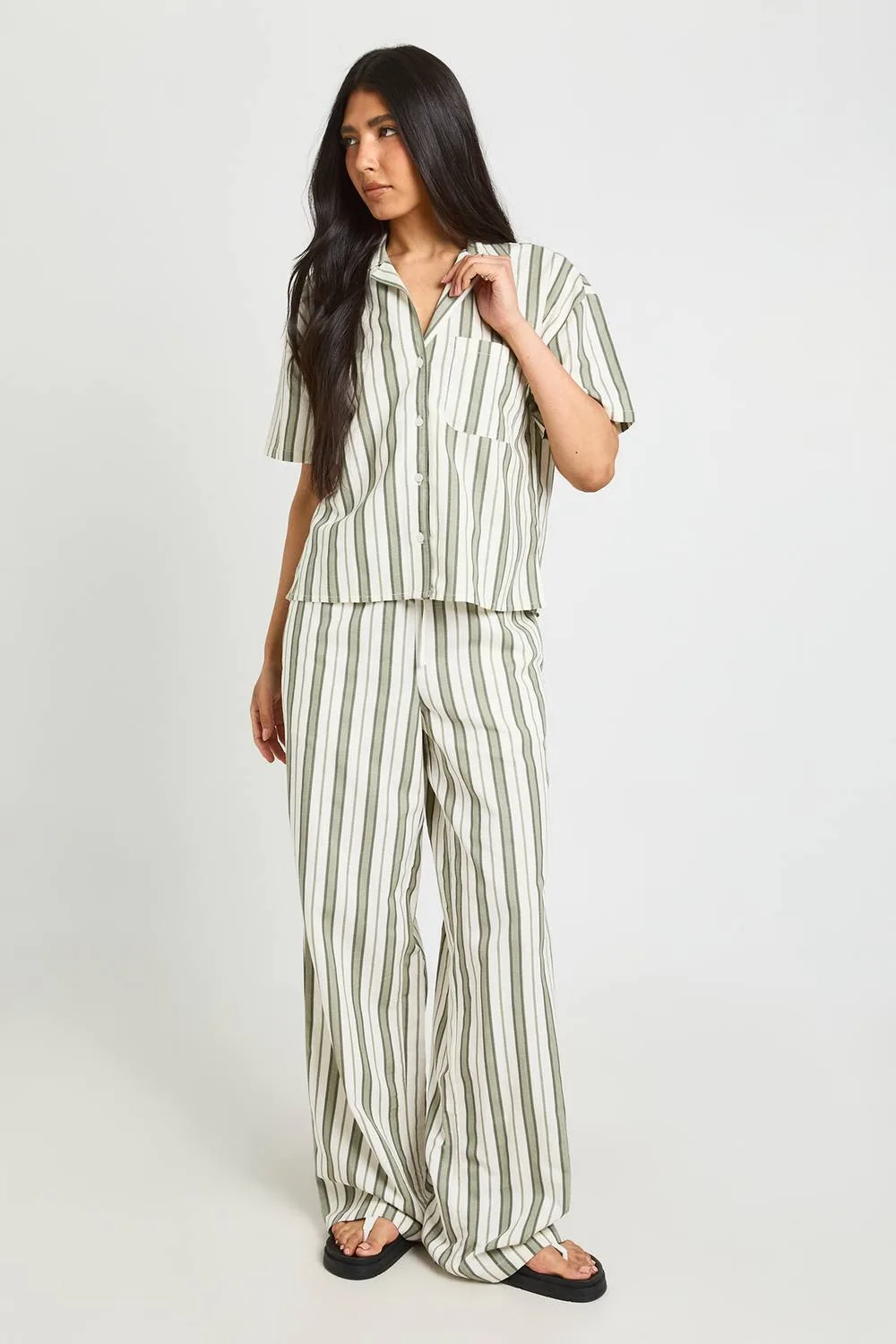 Tall Premium Linen Stripe Wide Leg Trousers by boohoo