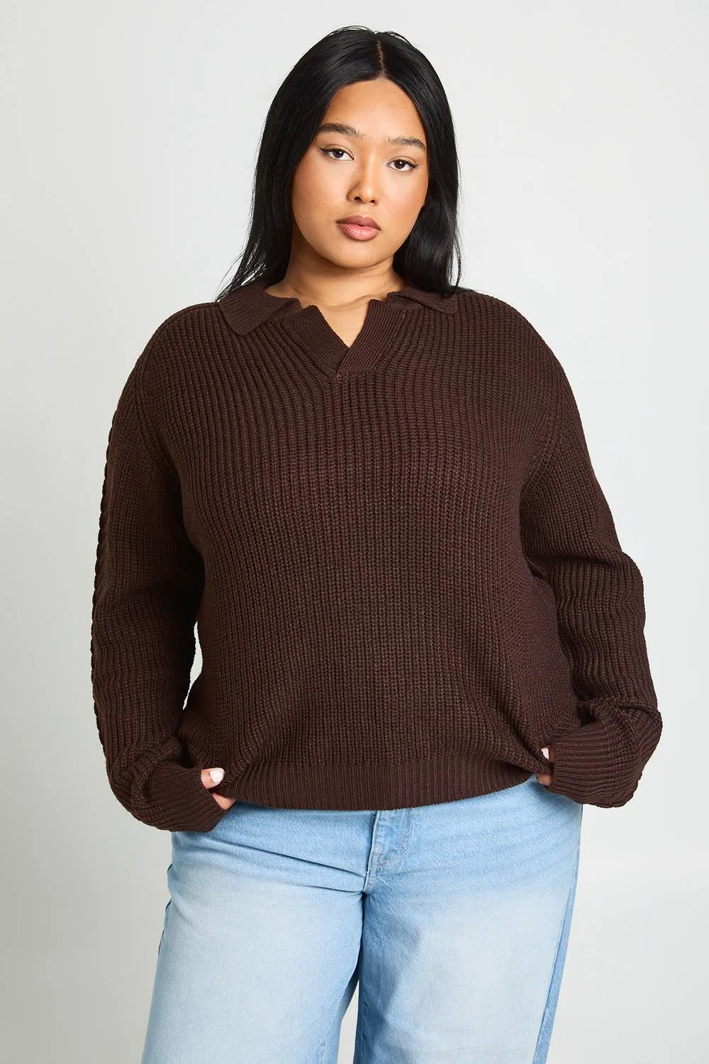 Chunky Knit Collared V Neck Jumper