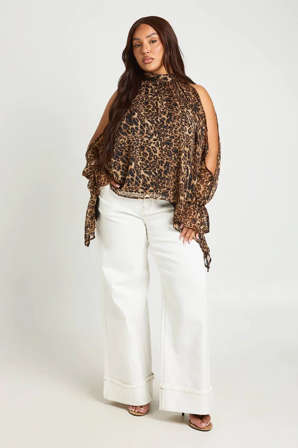 Leopard Chiffon Halterneck Long Sleeve Draped Blouse by boohoo