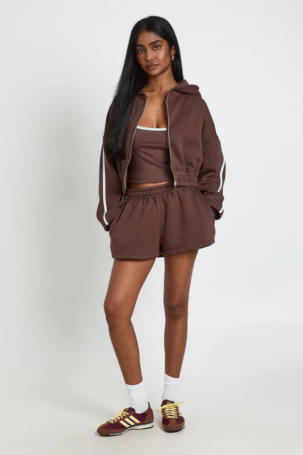Contrast Stripe Zip Through Hooded 3 Piece Short Tracksuit by boohoo