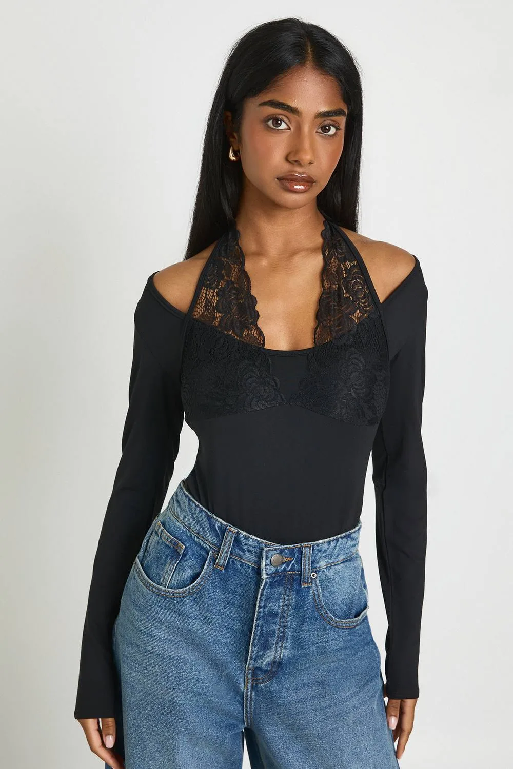 Matte Slinky Long Sleeve Lace Trim Halter Neck Bodysuit by boohoo