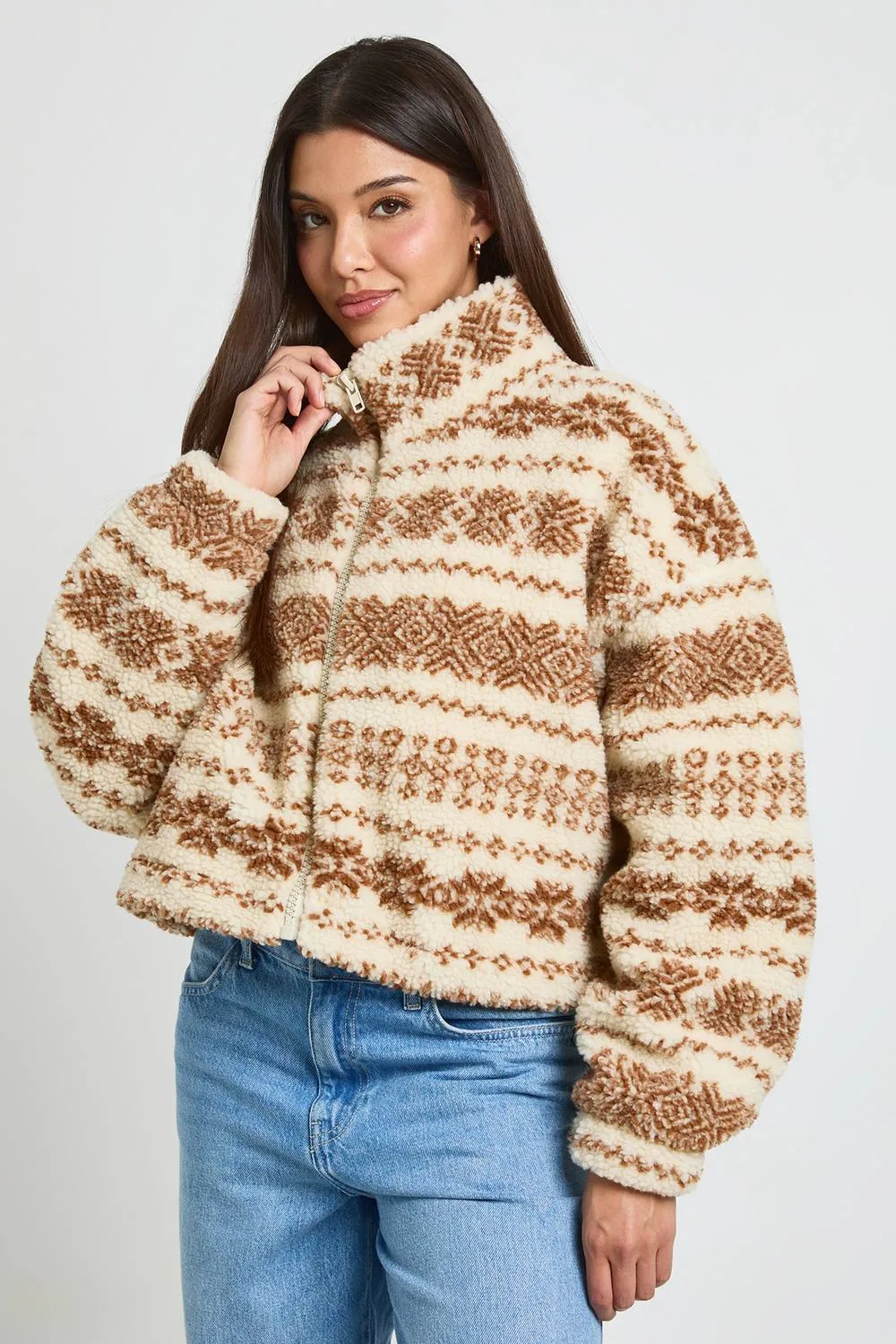 Aztec High Neck Teddy Jacket - Stone by boohoo