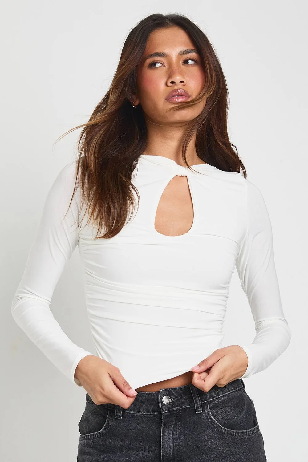 Key Hole Ruched Waist Long Sleeve Top