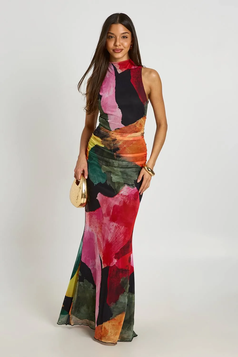 Bright Floral Ruched Bodice Open Back Maxi Dress