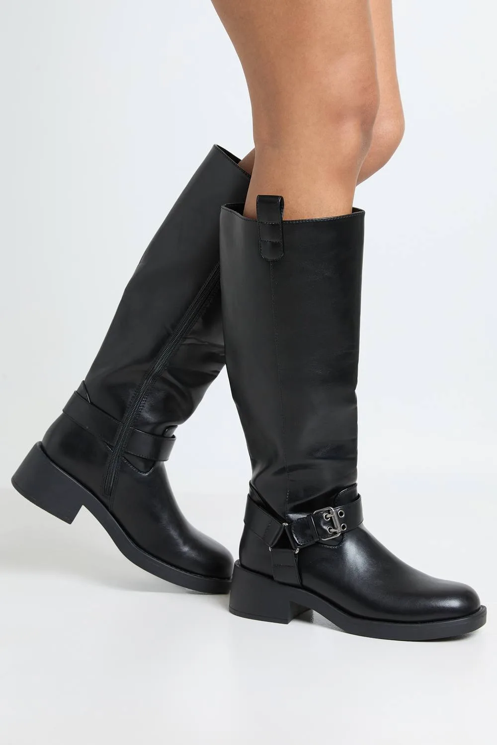 Chunky Buckle Knee High Biker Boots by boohoo
