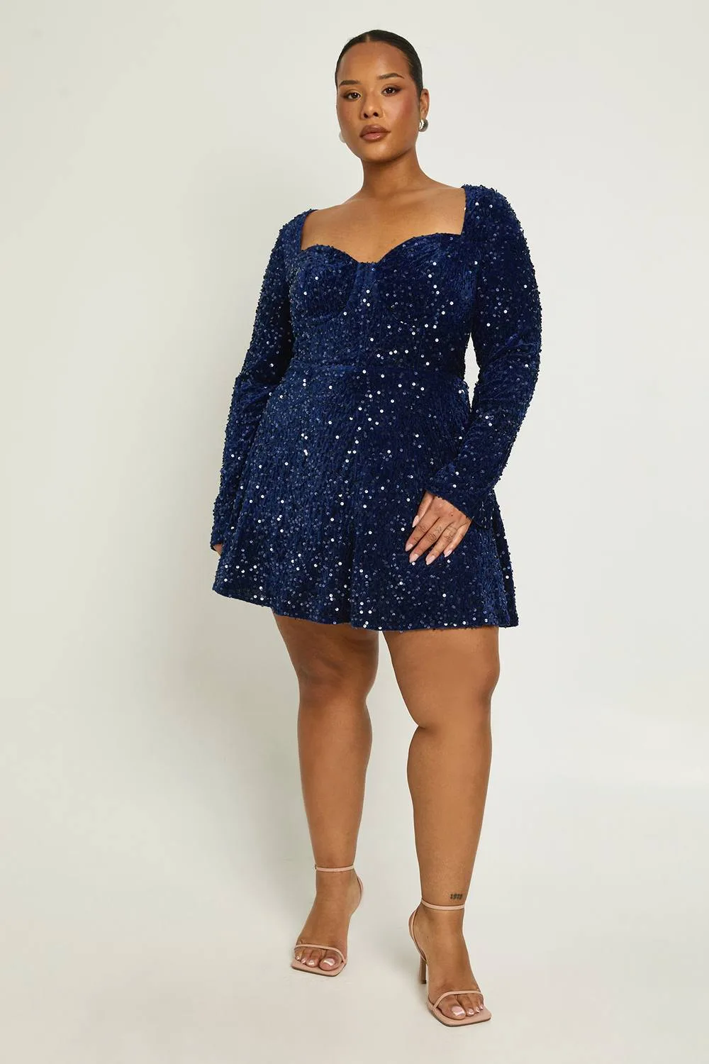 Velvet Sequin Long Sleeve Skater Dress by boohoo