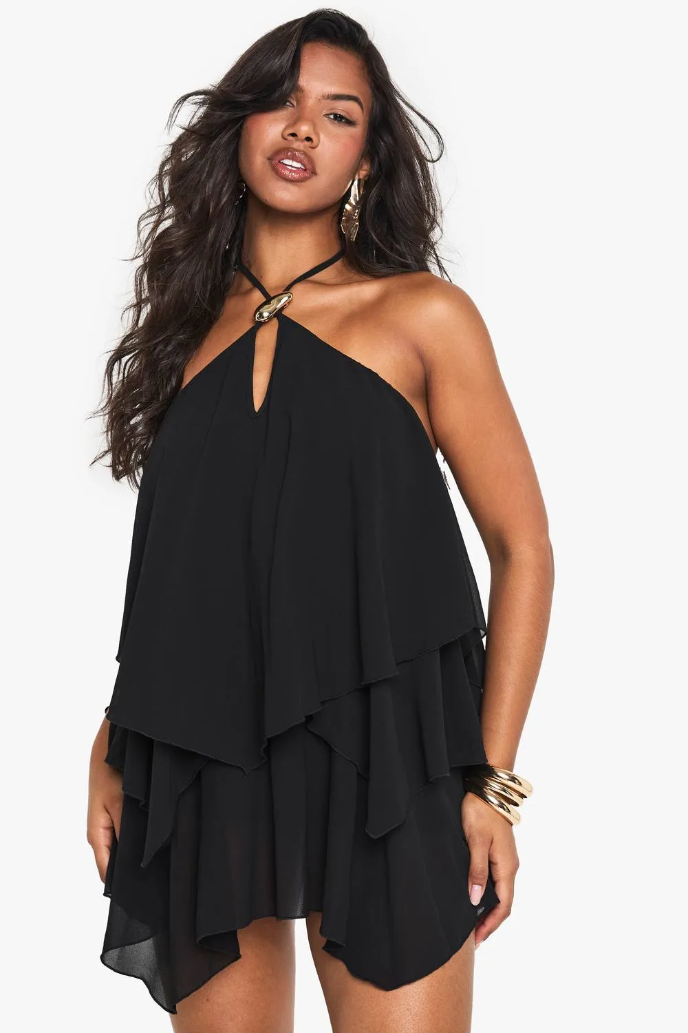 Halterneck Gold Trim Tiered Mini Dress by boohoo