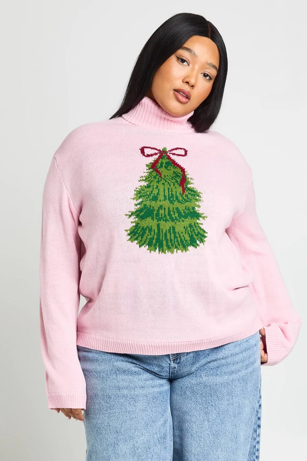 Bow Christmas Tree Roll Neck Jumper by boohoo