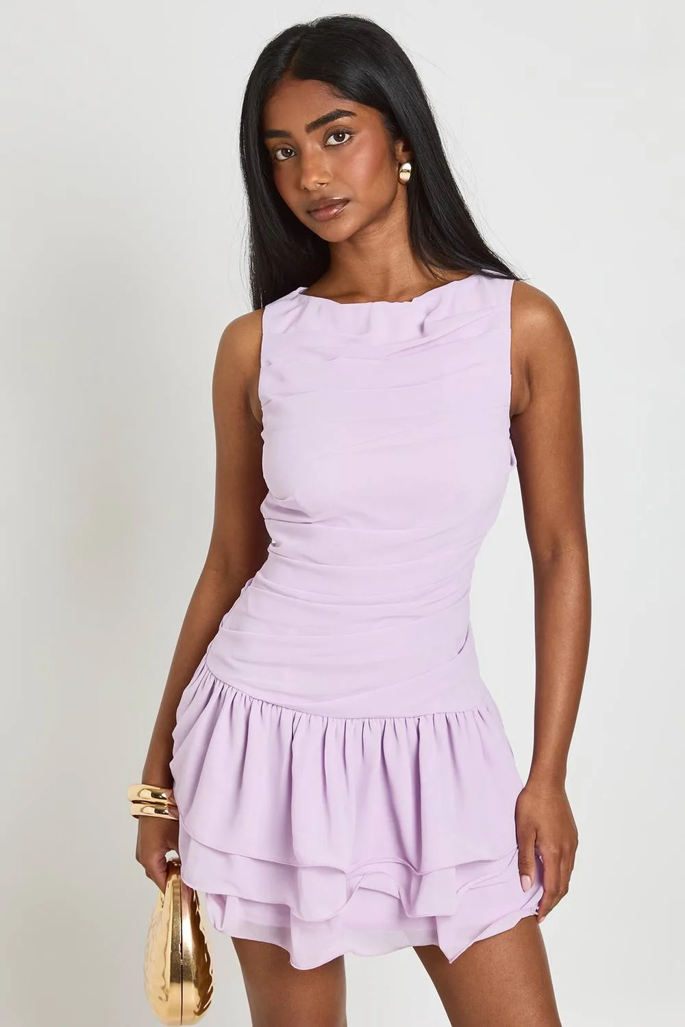 Chiffon Ruched Drop Hem Mini Dress