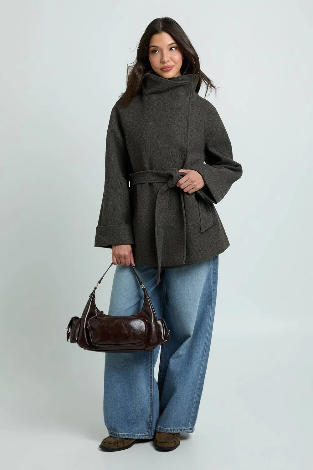 Funnel Neck Belted Wool Jacket by boohoo