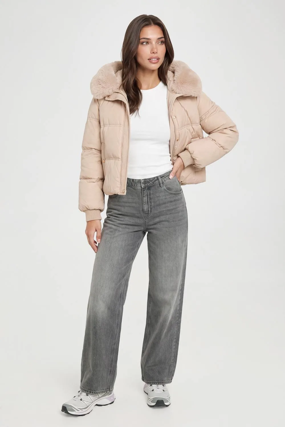 Faux Fur Trim Rib Cuff Puffer Jacket - Stone by boohoo