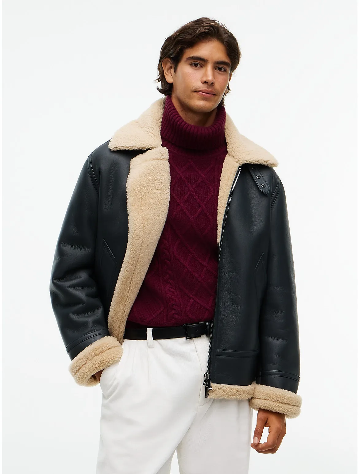 New York Label Shearling Leather Aviator Jacket by Tommy Hilfiger