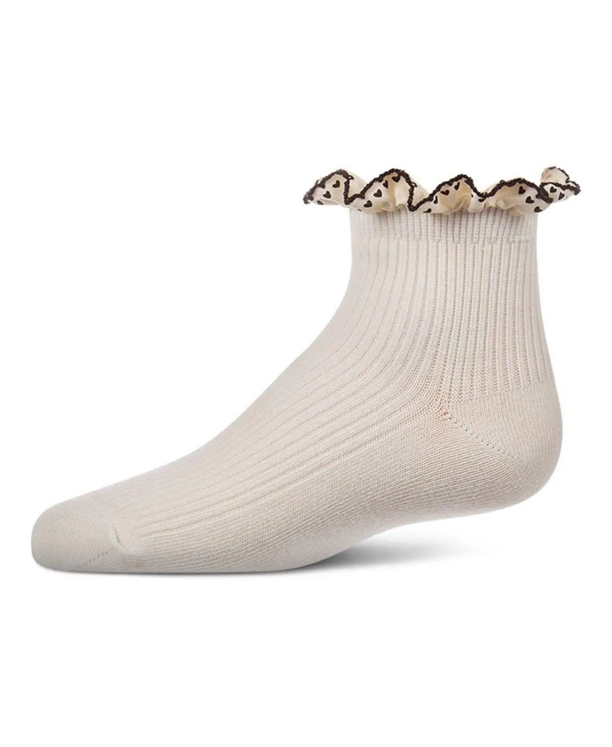 Ribbed Cotton-Rich Ankle Sock with Heart-Print Lace-Trim Ruffle by Memoi