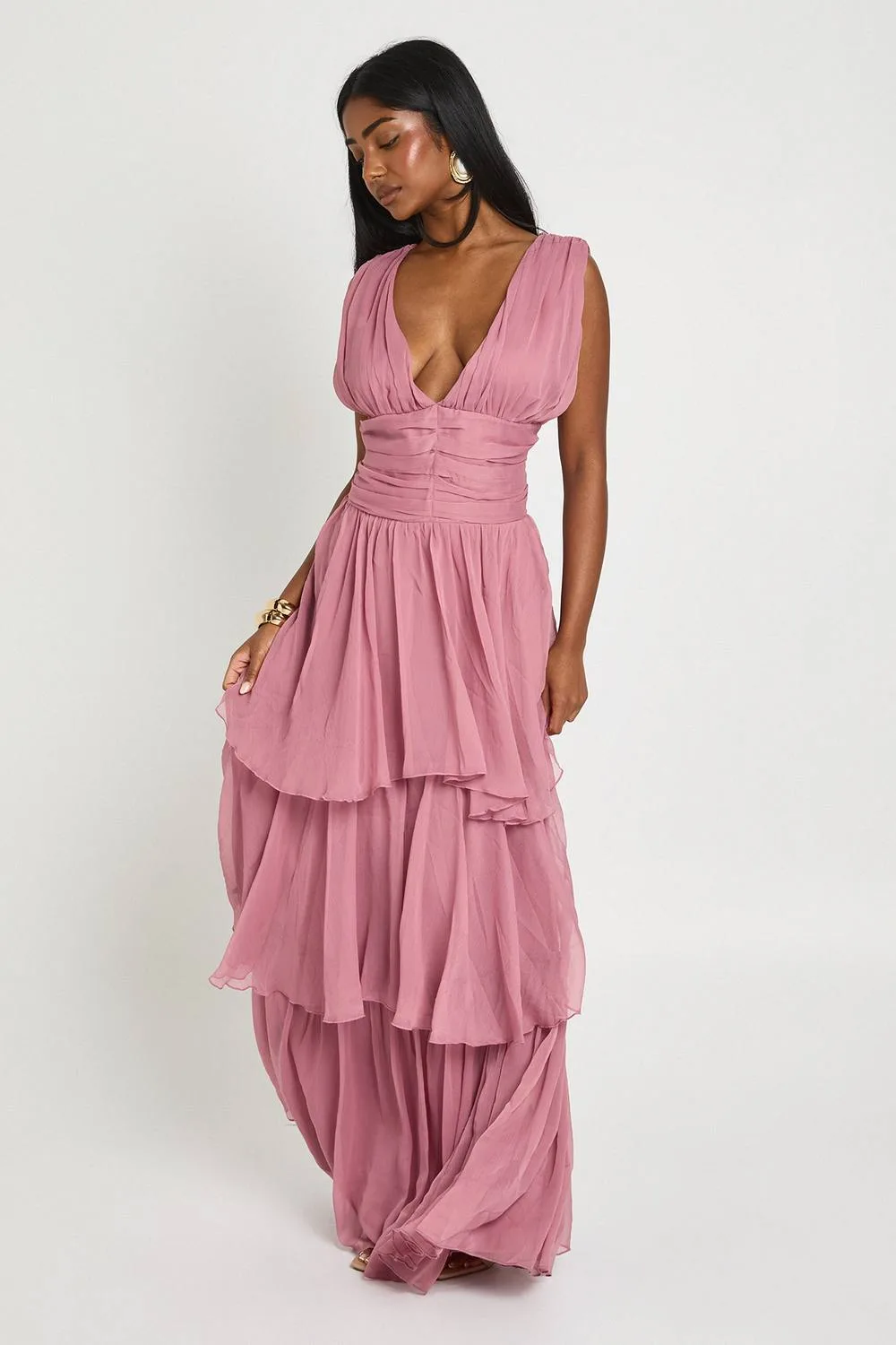 Chiffon Plunge Front Tiered Maxi Dress