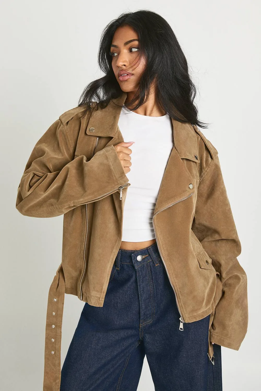 Suede Look Oversized Biker Jacket by boohoo
