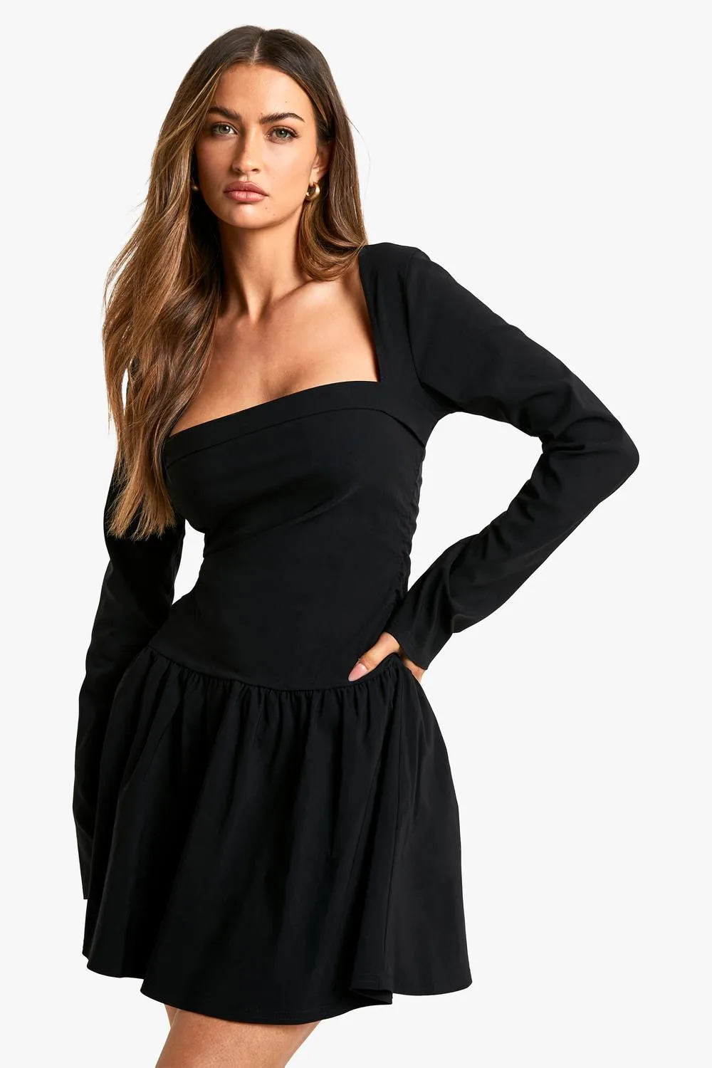Long Sleeve Skater Mini Dress by boohoo