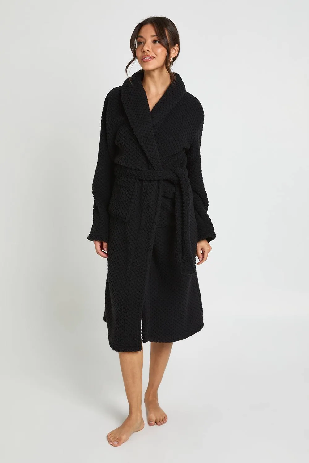 Waffle Fleece Long Dressing Gown by boohoo