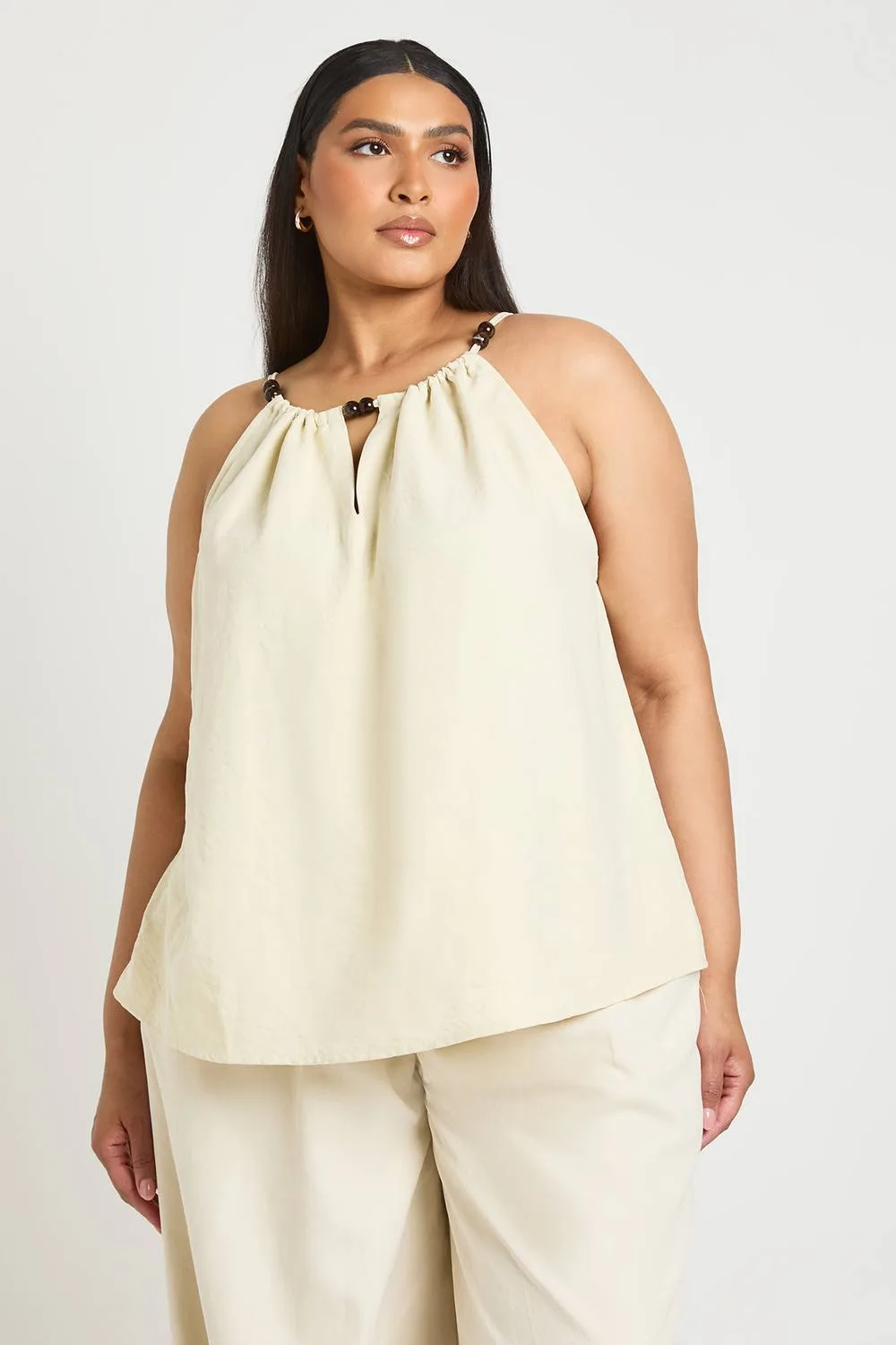 Peached Beaded Halter Neck Floaty Top - Stone by boohoo