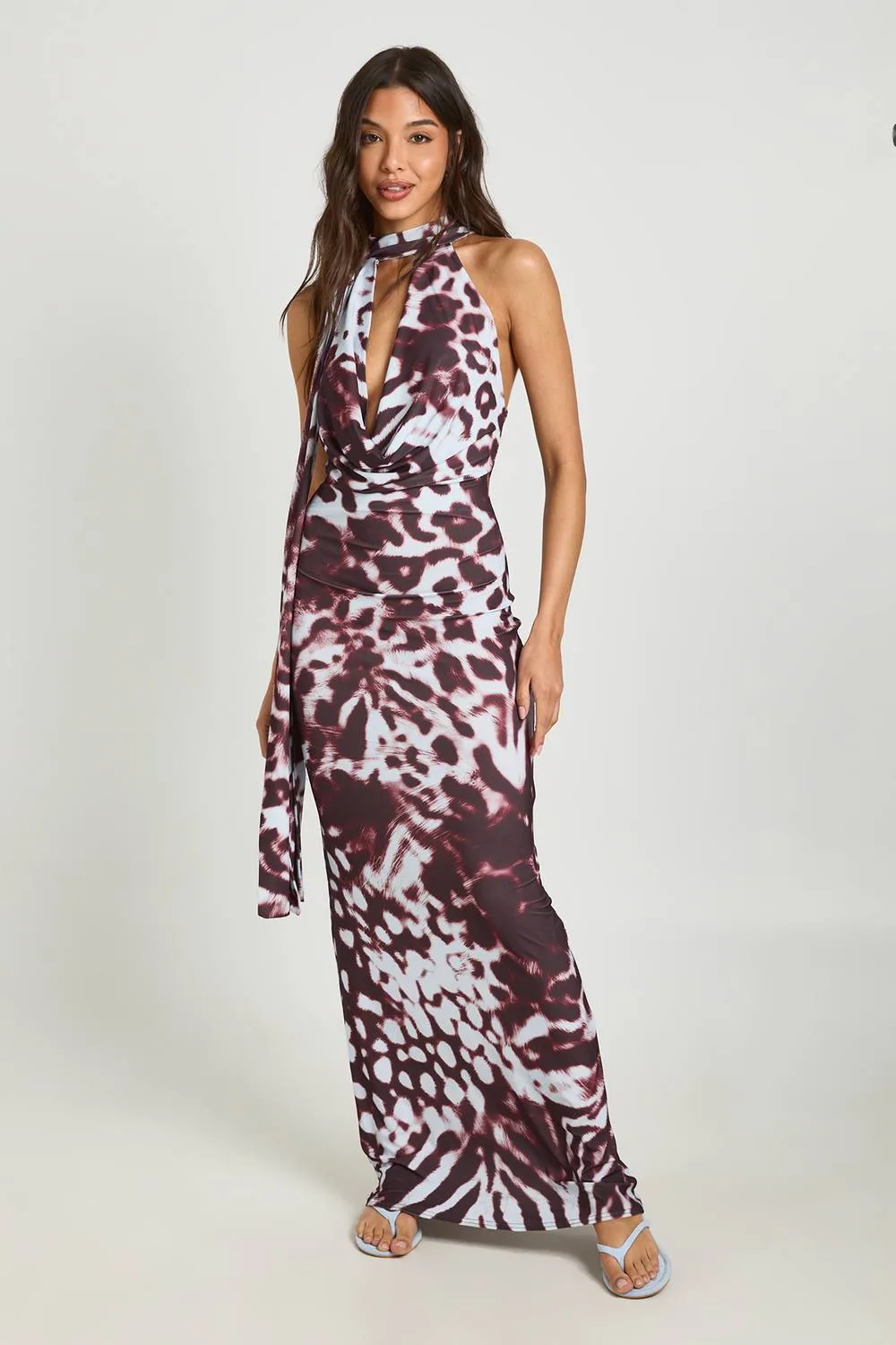 Tonal Abstract Animal Print Scarf Detail Maxi Dress