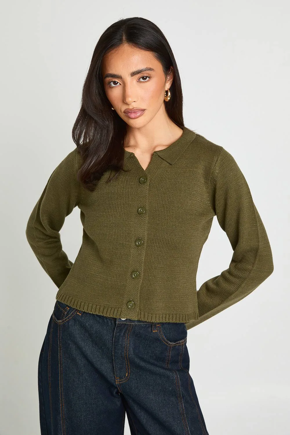 Rib Knit Collared Knitted Cardigan by boohoo